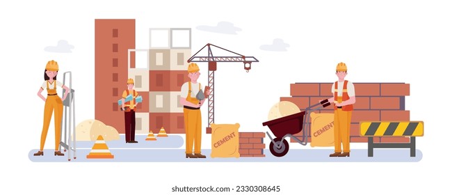 Lack of workers at construction site vector illustration. Drawing of engineers, builders building house, cement, bricks, equipment. Workforce, construction, labor crisis, vacancy, recruitment concept