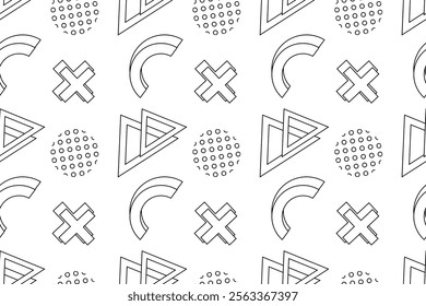 lack-and-white seamless pattern featuring triangles, crosses, semicircles, and dotted circles for children coloring.