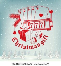 Lacky Christmas and Happy New Year stamp, sticker with horseshoe, slot machines, two dice, poker playing card, christmas gift. Vector. Vintage design for xmas, new year emblem in retro style.