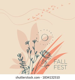 Laconic autumn dry plants in lines and silhouettes style. Cosy elegant style composition for card, header, invitation, poster, social media, post publication.
