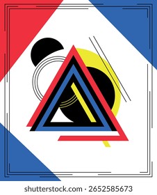 A laconic avant-garde vector illustration with a triangle, circle and lines. Made in bright blue, red, yellow and black tones. Suitable for creative branding, art projects and modernist posters.