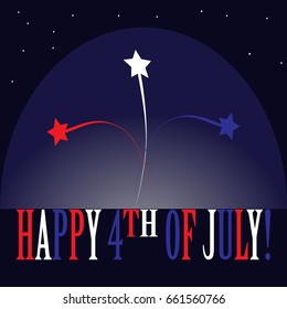 Laconic cartoon emblem for the national American holiday - Independence Day of the USA. There are the white, red and blue stars and colorful inscription Happy 4th of July