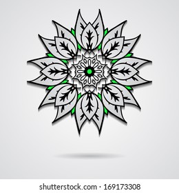 Laconic circle ornament with stylized silver and green leaves on light background.