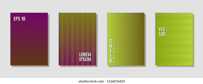 Laconic green zig zag banner templates, wavy lines gradient stripes backgrounds for music party cover. Curve shapes stripes, zig zag edge lines halftone texture gradient catalog covers collection.