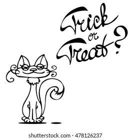 Laconic Halloween card with a cute cat and hand drawn lettering "Trick or treat". Black and white vector illustration isolated on white.