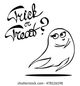 Laconic Halloween card with a cute shy ghost and hand drawn lettering "Trick or treat". Black and white vector illustration isolated on white.