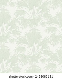 Laconic light green seamless pattern with sabal palm bushes. Tropical light modern background. Vector design element.