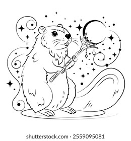 laconic linear image of a beaver with a magic staff in its paws on a white background