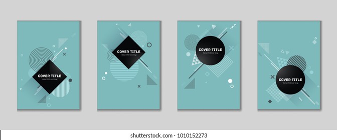 Laconic memphis cover collection vector with white, green and blue geometrical shapes on blue background. Variegated first page cover set. Colorful memphis style backdrop for marketing purpose.