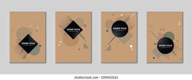 Laconic memphis cover collection vector with white, cyan and black geometrical shapes on brown background. Variegated first page cover kit. Colorful memphis style backdrop for advertisement purpose.
