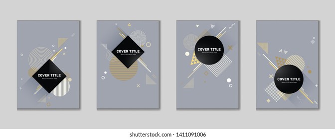 Laconic memphis cover collection vector with white, and geometrical shapes on background. Variegated first page cover set. Colorful memphis style illustration for corporate purpose.