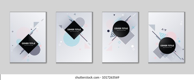 Laconic memphis cover kit. Cool memphis template front page set with white, cyan and orange shapes, isolated on light background. Memphis style cover design set for corporate purpose.