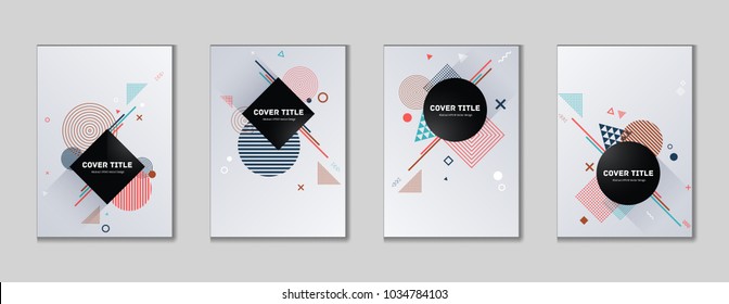 Laconic memphis cover kit. Cool memphis template front page set with white, cayn, red and brown shapes, isolated on light background. Memphis style cover graphic design set for advertisement purpose.