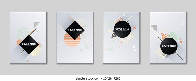 Laconic memphis cover kit. Cool memphis texture front page set with white, green, orange and black shapes, isolated on light background. Memphis style cover design assortment for marketing purpose.