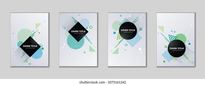 Laconic memphis cover kit. Cool memphis texture front page set with white, cyan and grin shapes, isolated on light background. Memphis style cover pattern set for business purpose.