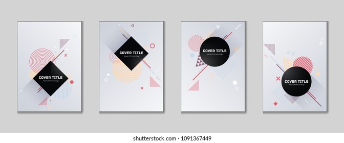 Laconic memphis cover kit. Cool memphis template front page set with white, and shapes, isolated on light background. Memphis style cover backdrop assortment for business purpose.