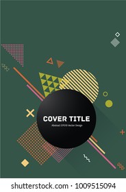 Laconic memphis design placard vector with white, green and yellow shapes on dark green background. Cool memphis tile placard page. Front page pattern for corporate notebook, dairy or notepad.