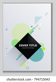 Laconic memphis front cover background with white and green geometrical shapes. Minimalistic front page theme. Colorful title page backdrop for college notebook, dairy or notepad.