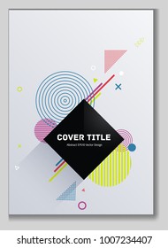 Laconic memphis front cover vector with white, blue and lime green geometrical shapes. Minimalistic front page template. Colorful title page design for student notebook, dairy or notepad.