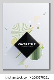 Laconic memphis front cover vector with white, green and yellow geometrical shapes. Minimalistic front page texture. Colorful title page vector for college notebook, dairy or notepad.