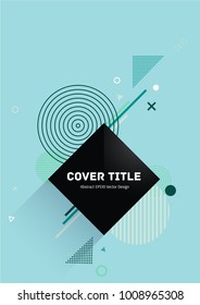 Laconic memphis neo pattern with white and green geometrical shapes on blue background. Minimalistic front page texture. Colorful memphis neo style illustration for advertisement purpose.