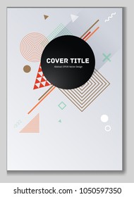 Laconic memphis notepad cover vector. Cool memphis template front page with white, red, brown and green geometrical shapes. Memphis notepad cover illustration for advertis?ment purpose.