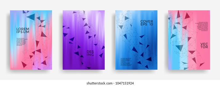 Laconic report templates set. Global network connection low poly grid. Interlinked nodes, molecular or  big data cloud structure concept. Network nodes information technology concept.