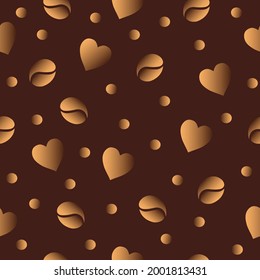Laconic seamless vector pattern with scattered dusty gold coffee beans and hearts on a rich dark chocolate background