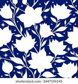 
Laconic seamless vector pattern, white silhouettes of flowers on a dark blue background, stars, stems and leaves