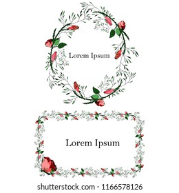 Laconic set of two elegant wreaths, good for an invitation card for any event - wedding, birthday, and so on. The wreath consists of buds of roses, stems, leaves and herbs.