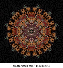 Laconic wedding card decorated with vector brown, red and orange ornament. Announcement card in a simple design. Classical invite sample seamless pattern with lace damask pattern.
