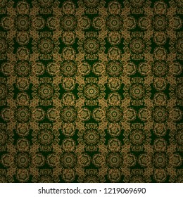 Laconic wedding card decorated with vector golden ornament on a green background. Announcement card in a simple design. Classical invite sample seamless pattern with lace damask pattern.
