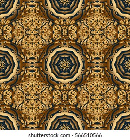 Laconic wedding card decorated with vector golden ornament on a blue background. Announcement card in a simple design. Classical invite sample seamless pattern with lace damask pattern.