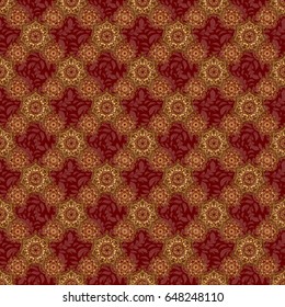 Laconic wedding card decorated with vector golden ornament on a red background. Announcement card in a simple design. Classical invite sample seamless pattern with lace damask pattern.