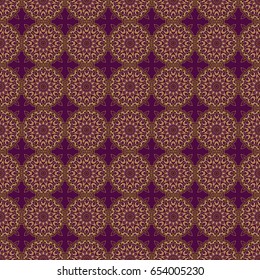 Laconic wedding card decorated with vector golden ornament on a purple background. Announcement card in a simple design. Classical invite sample seamless pattern with lace damask pattern.