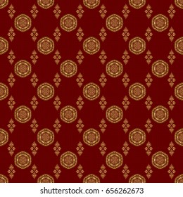 Laconic wedding card decorated with vector golden ornament on a red background. Announcement card in a simple design. Classical invite sample seamless pattern with lace damask pattern.
