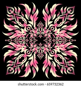 Laconic wedding card decorated with vector pink and beige ornament on a black background. Announcement card in a simple design. Classical invite sample seamless pattern with lace damask pattern.