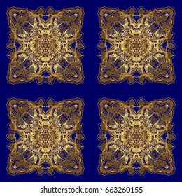 Laconic wedding card decorated with vector golden ornament on a blue background. Announcement card in a simple design. Classical invite sample seamless pattern with lace damask pattern.