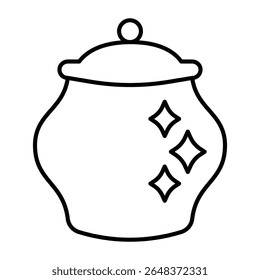 Lacquered pot with lid thin line icon, pottery making concept. Vector graphics. Polished ceramic pot, fragile product sign on white background, style mobile or design