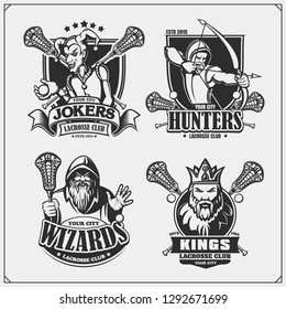 Lacrosse badges, labels and design elements. Sport club emblems with hunter, wizard, king and joker. Print design for t-shirts.