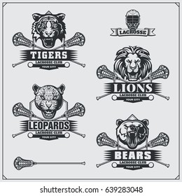 Lacrosse badges, labels and design elements. Sport club emblems with bear, lion, tiger and leopard.