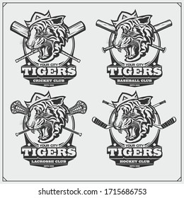 Lacrosse, baseball, cricket and hockey logos and labels. Sport club emblems with tiger. Print design for t-shirt.