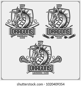 Lacrosse, baseball and hockey logos and labels. Sport club emblems with dragon.