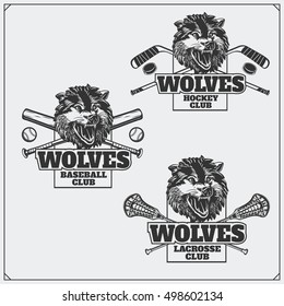 Lacrosse, baseball and hockey logos and labels. Sport club emblems with head of wolf.