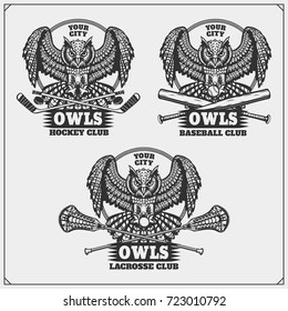 Lacrosse, baseball and hockey logos and labels. Sport club emblems with owl.