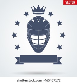 Lacrosse Club Badge and Label with helmet. Front view. Emblem of sport team. Vector icons isolated on background.