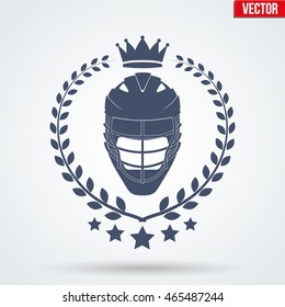 Lacrosse Club Badge and Label with helmet. Front view. Emblem of sport team. Vector icons isolated on background.