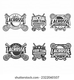 Juego de emblemas del club Lacrosse, torneo, diseño del logo de Lacrosse, palo Lacrosse y vector de bola sobre fondo blanco