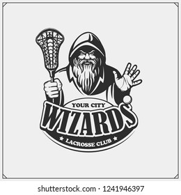 Lacrosse club emblem with wizard or magician. Print design for t-shirts.