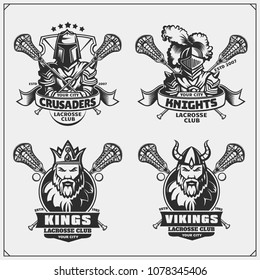 Lacrosse club emblems with viking, king, knight and crusader.